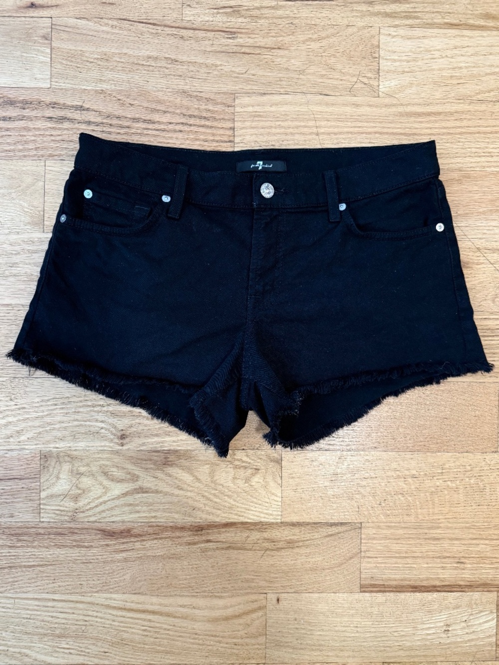 7 For All Mankind Black Low Rise Raw Hem Premium Denim Cutoff Shorts Size 27